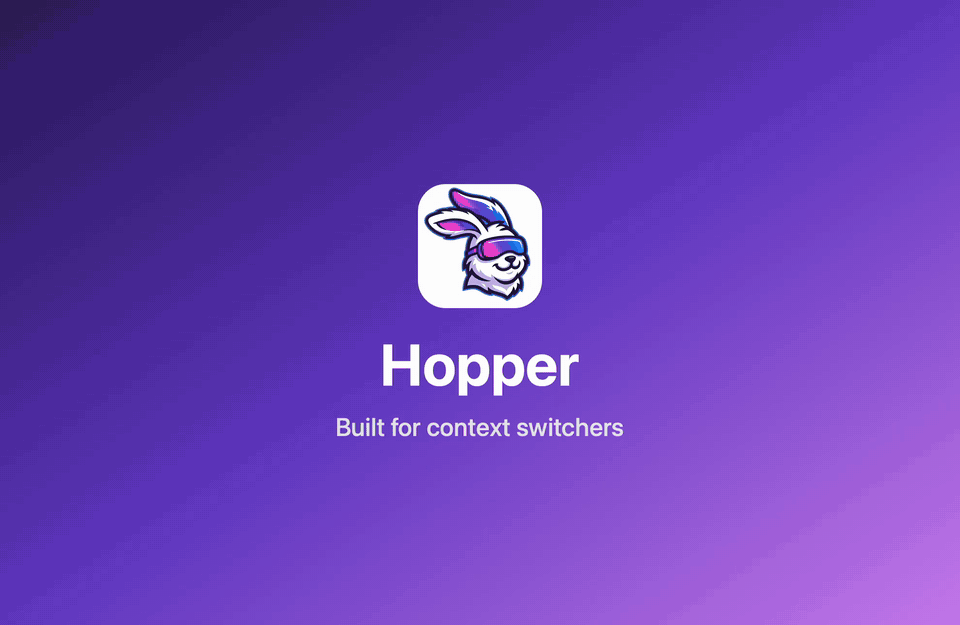 Hopper demo: Back, Forward, Toggle, History, and a Search jumping to a terminal workspace