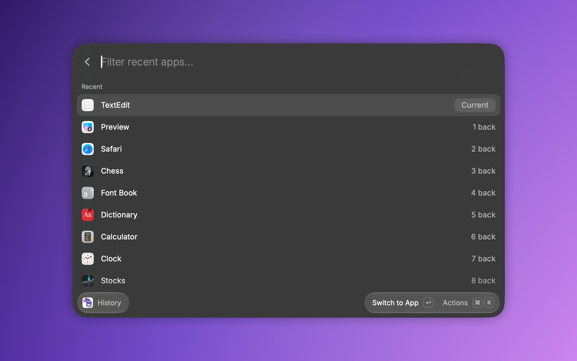History command: running apps from most to least recently used